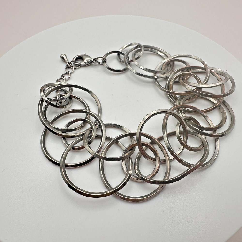 Vintage 90s Silver Tone Multi-Ring Interlocking Link Bracelet for Women